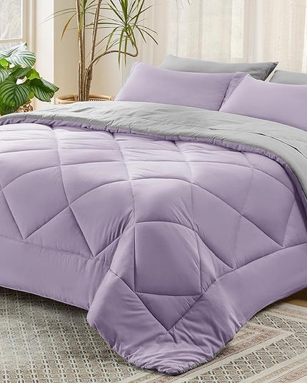 Bedsure Light Purple Full Size Comforter Set - 7 Pieces Reversible Full Bed in a Bag, Full Bed Set Light Purple and Grey with Comforters, Sheets, Pillowcases & Shams - LeafyLoom