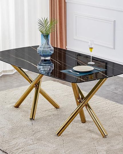 NicBex Large Modern Minimalist Rectangular Dining Table with 0.39 "Imitation Marble Black Desktop and Gold Metal Legs for Kitchen Dining Living Meeting Room Banquet Halls, Black - LeafyLoom