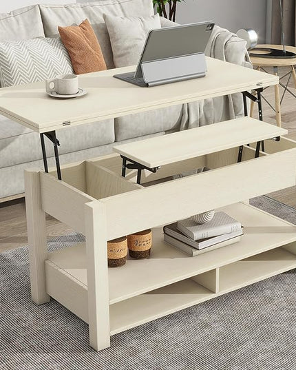 Lift Top Coffee Table, 3 in 1 Lift-Top Design Coffee Table with Open Shelves, Modern Center Tables for Living Room, Home, Office, Rustic Ivory - LeafyLoom