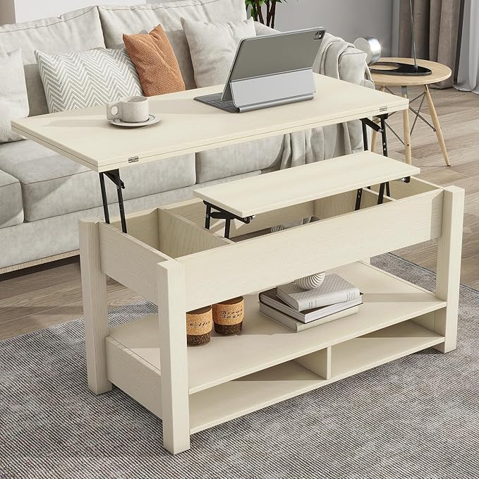 Lift Top Coffee Table, 3 in 1 Lift-Top Design Coffee Table with Open Shelves, Modern Center Tables for Living Room, Home, Office, Rustic Ivory - LeafyLoom