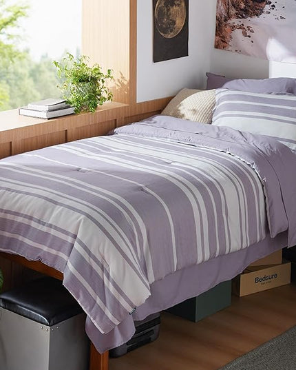 Bedsure Twin XL Comforter Set, Extra Long 5 Pieces Purple Striped Twin XL Bedding Sets, All Season Dorm Room Essentials with 1 Pillow Sham, Flat Sheet, Fitted Sheet and 1 Pillowcase - LeafyLoom