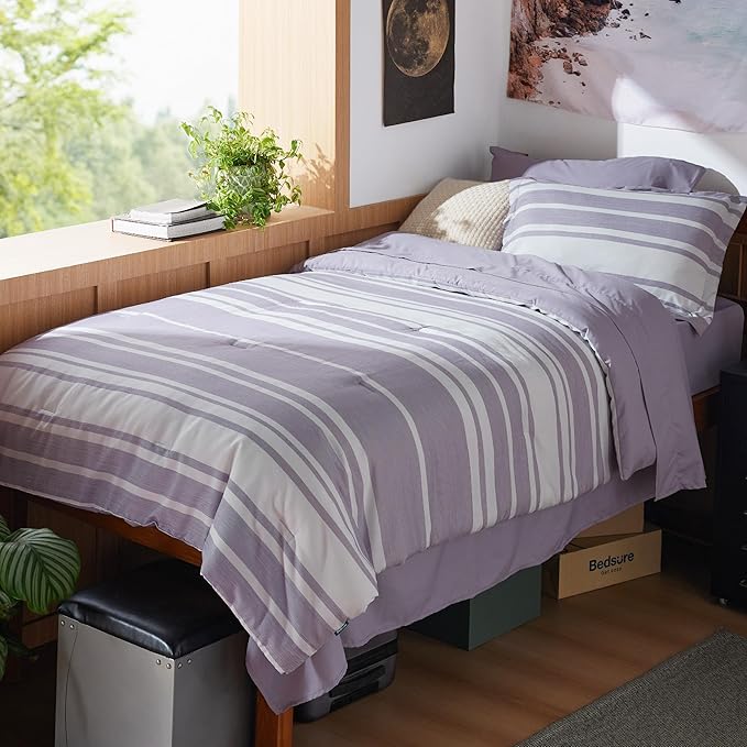 Bedsure Twin XL Comforter Set, Extra Long 5 Pieces Purple Striped Twin XL Bedding Sets, All Season Dorm Room Essentials with 1 Pillow Sham, Flat Sheet, Fitted Sheet and 1 Pillowcase - LeafyLoom