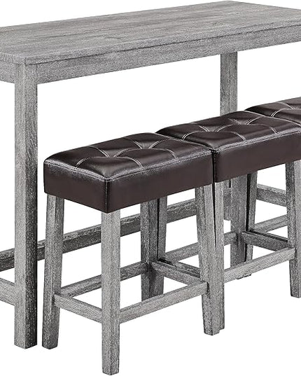 RITSU 4 Piece Bar Power Outlet, Bistro Table & Chairs, Dining Sets, 3 Upholstered Stools, for Living Room, Kitchen, Farmhouse, Brown + Light Gray - LeafyLoom