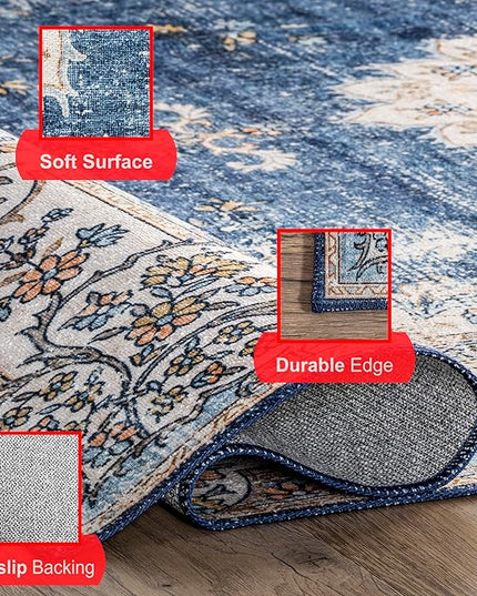 nuLOOM Ren Vintage Floral Machine Washable Ultra Thin Area Rug, 8x10, Blue - LeafyLoom