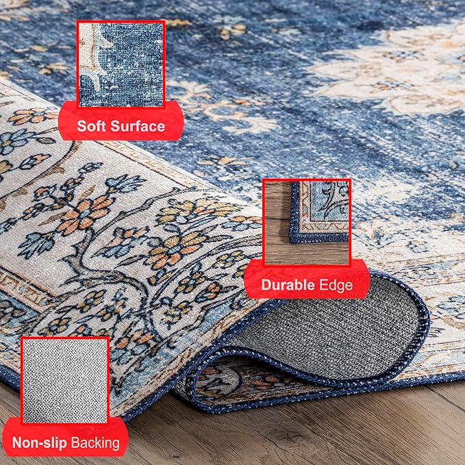 nuLOOM Ren Vintage Floral Machine Washable Ultra Thin Area Rug, 8x10, Blue - LeafyLoom