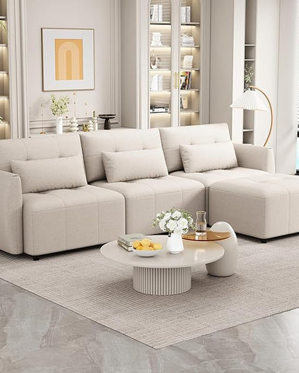 Comfy Cloud Couches for Living Room 113.3" Convertible Sectional Sofa, Beige-c - LeafyLoom
