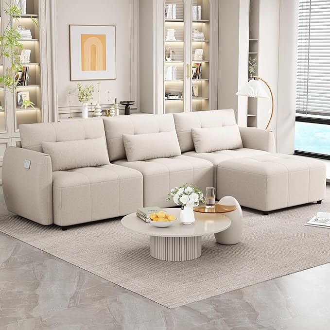 Comfy Cloud Couches for Living Room 113.3" Convertible Sectional Sofa, Beige-c - LeafyLoom