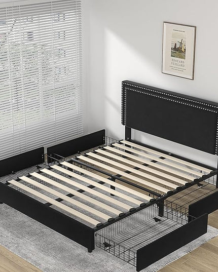 VECELO Full Size Upholstered Platform Bed Frame with 4 Storage Drawers, Adjustable Velvet Rivets Headboard, Wooden Slats Support, No Box Spring Needed, Easy Assembly - LeafyLoom