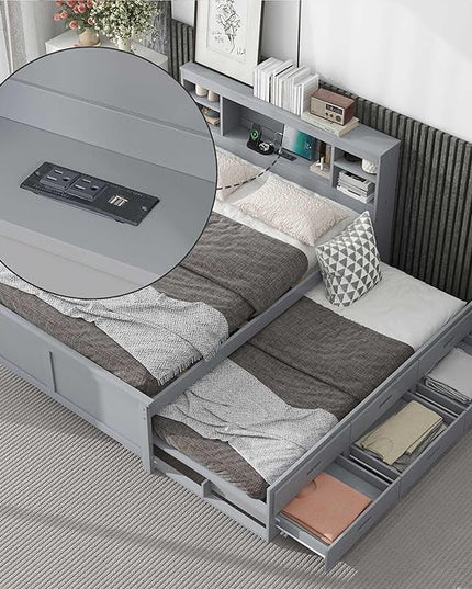 Full Size Platform Bed with Headboard Bookcase, USB Charge, Twin Trundle and 3 Drawers Storage, Wood Captain Bedframe for Bedroom Guest Room, Gray - LeafyLoom