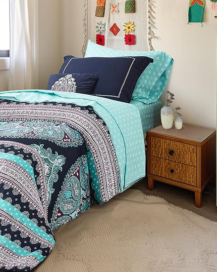 Degrees of Comfort Blue Twin XL Complete Comforter Sets, Boho Mandala Bed in A Bag,Microfiber Bedding Set with Side Pockets, Matching Decorative Pillow, 6 Piece Navy - LeafyLoom