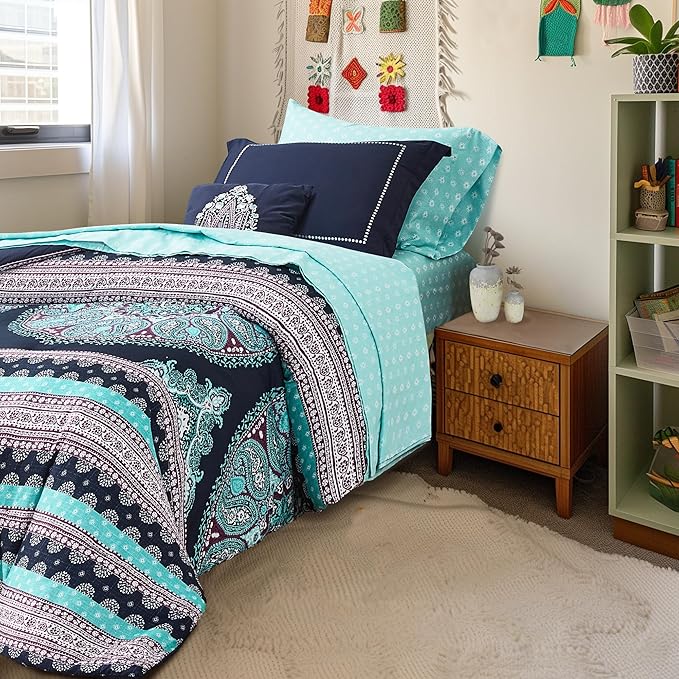 Degrees of Comfort Blue Twin XL Complete Comforter Sets, Boho Mandala Bed in A Bag,Microfiber Bedding Set with Side Pockets, Matching Decorative Pillow, 6 Piece Navy - LeafyLoom