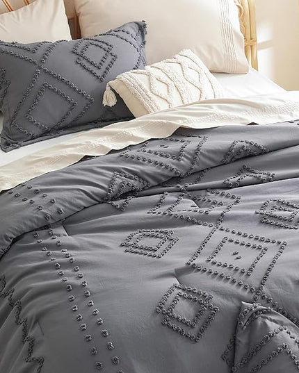 Bedsure Boho Comforter Set Queen - Dark Grey Tufted Bedding Comforter Set, 3 Pieces Farmhouse Shabby Chic Embroidery Bedding Set, Soft Geometric Pattern Comforter for All Seasons - LeafyLoom