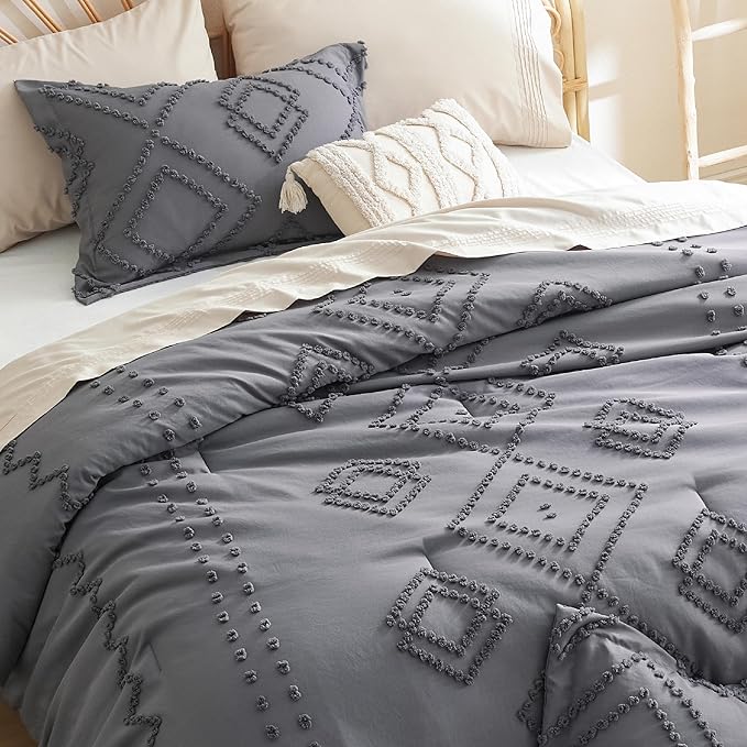 Bedsure Boho Comforter Set Queen - Dark Grey Tufted Bedding Comforter Set, 3 Pieces Farmhouse Shabby Chic Embroidery Bedding Set, Soft Geometric Pattern Comforter for All Seasons - LeafyLoom