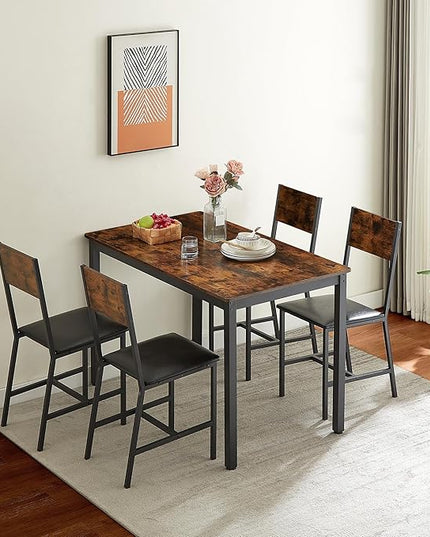 Dining Table Set for 4, Industrial Metal Wood 47.2" Kitchen Dining Table with 4 Upholstered PU Leather Chairs, Indoor Modern Furniture Set for Dining Room, Dinette, Breakfast Nook, Rustic Brown - LeafyLoom