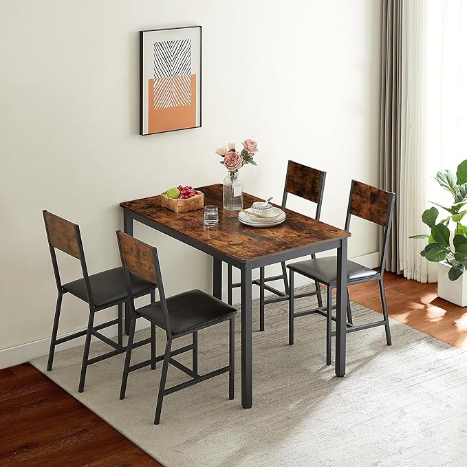 Dining Table Set for 4, Industrial Metal Wood 47.2" Kitchen Dining Table with 4 Upholstered PU Leather Chairs, Indoor Modern Furniture Set for Dining Room, Dinette, Breakfast Nook, Rustic Brown - LeafyLoom