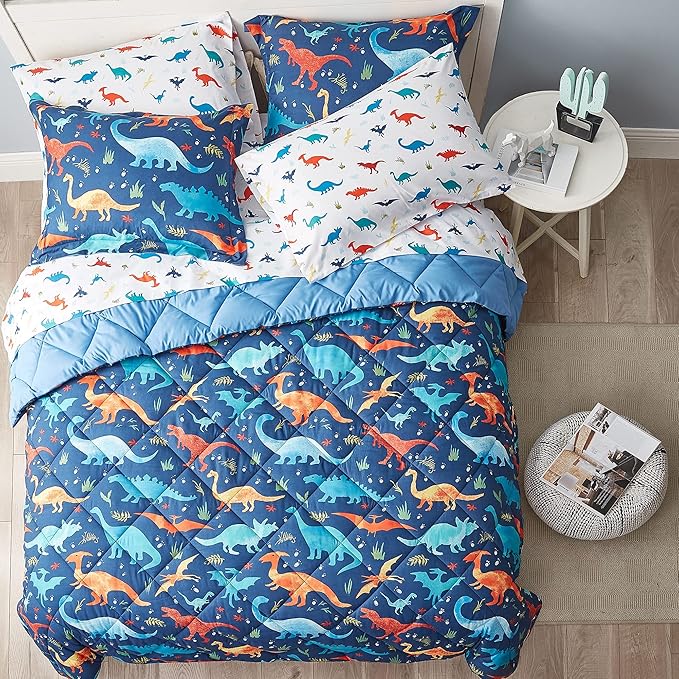 Kids Queen Bedding Comforter Set for Boys, 7 Pieces Soft Lightweight Dinosaur Bedding Queen Set with Sheets, Bed in a Bag, Durable Boys Queen Comforter Set - LeafyLoom