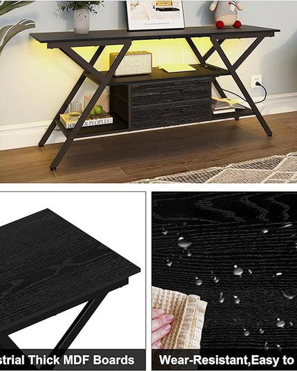 Modern 55" TV Stand with Power Outlet for TV up to 65 Inch, LED and 2 Storage Fabric Drawers, Entertainment Center with Charging Station for Living Room Bedroom (Charcoal Black) - LeafyLoom