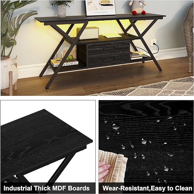 Modern 55" TV Stand with Power Outlet for TV up to 65 Inch, LED and 2 Storage Fabric Drawers, Entertainment Center with Charging Station for Living Room Bedroom (Charcoal Black) - LeafyLoom