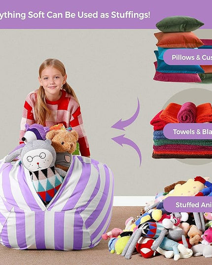 Aubliss Stuffed Animal Bean Bag Storage Chair (Purple/White Striped, Medium (32'')) - LeafyLoom