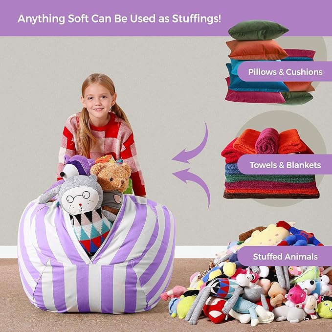 Aubliss Stuffed Animal Bean Bag Storage Chair (Purple/White Striped, Medium (32'')) - LeafyLoom