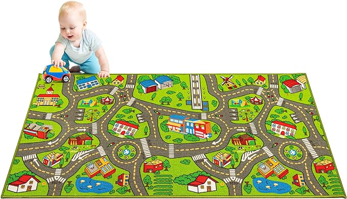Kids Carpet Playmat City Life 3D Playroom Rug | 30 x 60 Inch Extra Large Toddler Activity Mat for Race Cars & Toys | Playroom Rug Makes a Fun Educational Gift Idea for Boys & Girls (Green) - LeafyLoom