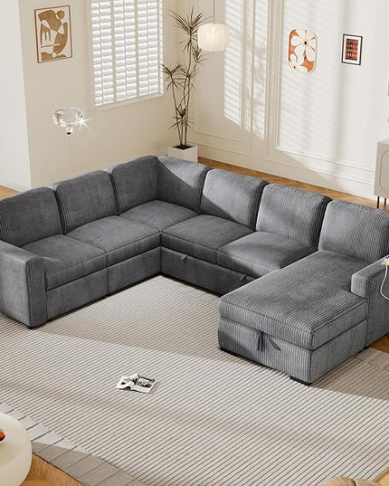 116.5" U-Shaped Corduroy Modular Sectional Storage Chaise and Pulled Out Bed, 6-Seater Oversized Corner Sofa w/USB Interfaces for Living Room, Office, Spacious Space, Gray, 116.5 Inch - LeafyLoom