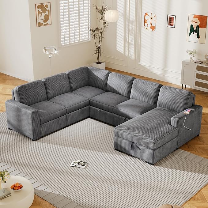 116.5" U-Shaped Corduroy Modular Sectional Storage Chaise and Pulled Out Bed, 6-Seater Oversized Corner Sofa w/USB Interfaces for Living Room, Office, Spacious Space, Gray, 116.5 Inch - LeafyLoom