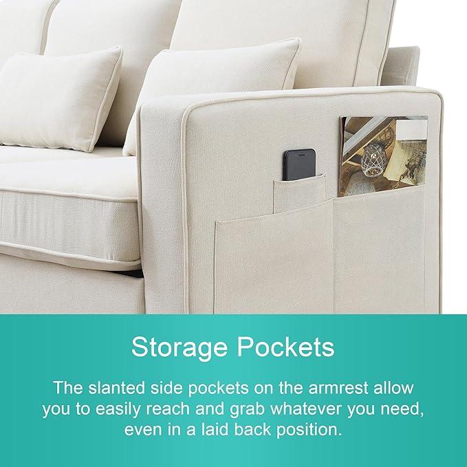 104" Modern Sofa, 4-seat Couch with Armrest Pockets and 4 Pillows for Living Room, Apartment, 104inch, Beige - LeafyLoom