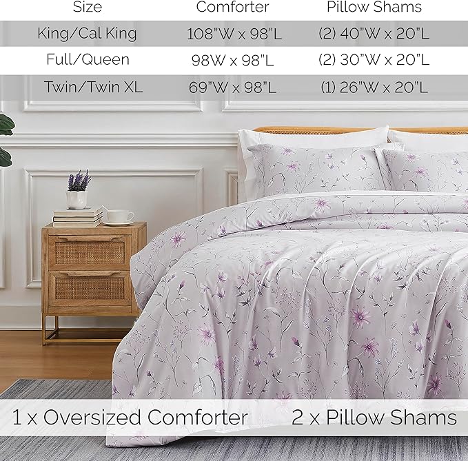 Southshore Fine Living, Inc. 3-Piece Oversized King Comforter Set, Down Alternative All-Season Comforter with Matching Shams, Soft Floral Bedspread for King or Cal King Beds, Secret Meadow Grey - LeafyLoom