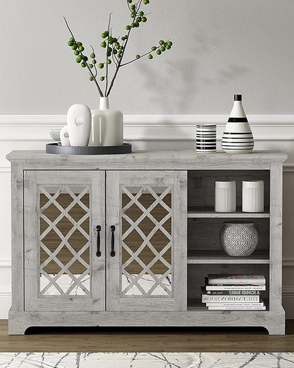 Galano Millicent 2 Door Sideboard with Shelves, Farmhouse Buffet Cabinet, Rustic Storage Cabinet, Coffee Bar for Dining Room, Kitchen, Hallway and Living Room, Mexican Grey - LeafyLoom