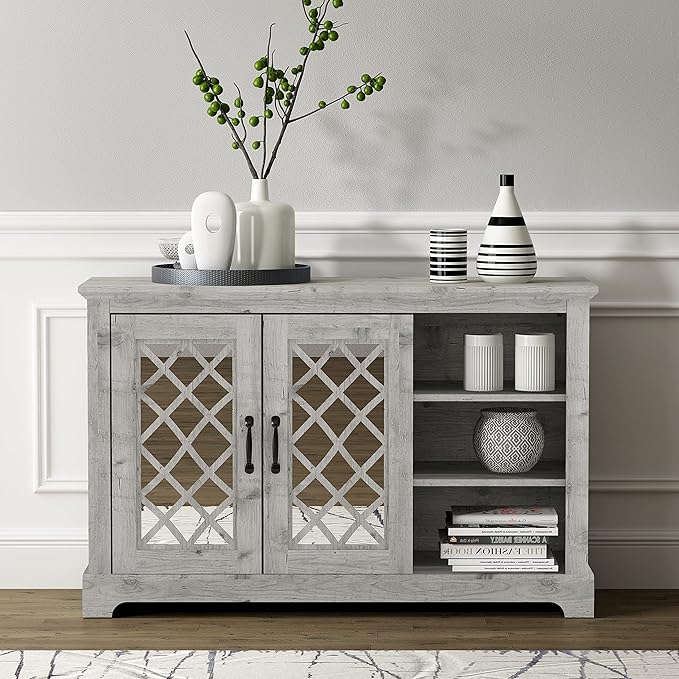 Galano Millicent 2 Door Sideboard with Shelves, Farmhouse Buffet Cabinet, Rustic Storage Cabinet, Coffee Bar for Dining Room, Kitchen, Hallway and Living Room, Mexican Grey - LeafyLoom