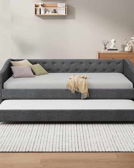 Twin Size Upholstered Daybed with Twin Size Trundle,Wood Sofa Bed Frame W/Button Tufted Back and Nailhead Decorated Waved Shape Arms,Slat Support,for Bedroom,Living Room,Apartment,Dark Gray - LeafyLoom