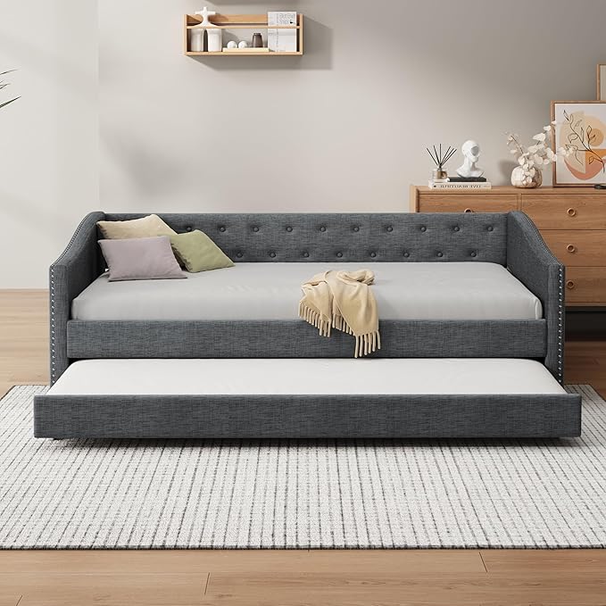 Twin Size Upholstered Daybed with Twin Size Trundle,Wood Sofa Bed Frame W/Button Tufted Back and Nailhead Decorated Waved Shape Arms,Slat Support,for Bedroom,Living Room,Apartment,Dark Gray - LeafyLoom