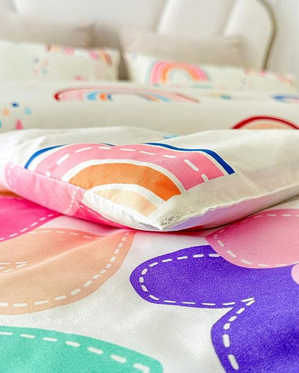 Btargot Lightweight Soft 3 Piece Rainbow Comforter Set with 2 Pillow Covers, Cartoon Love Hearts Flowers and Grass Bedding Set for Girls Boys Kids, Full Multi-Color - LeafyLoom