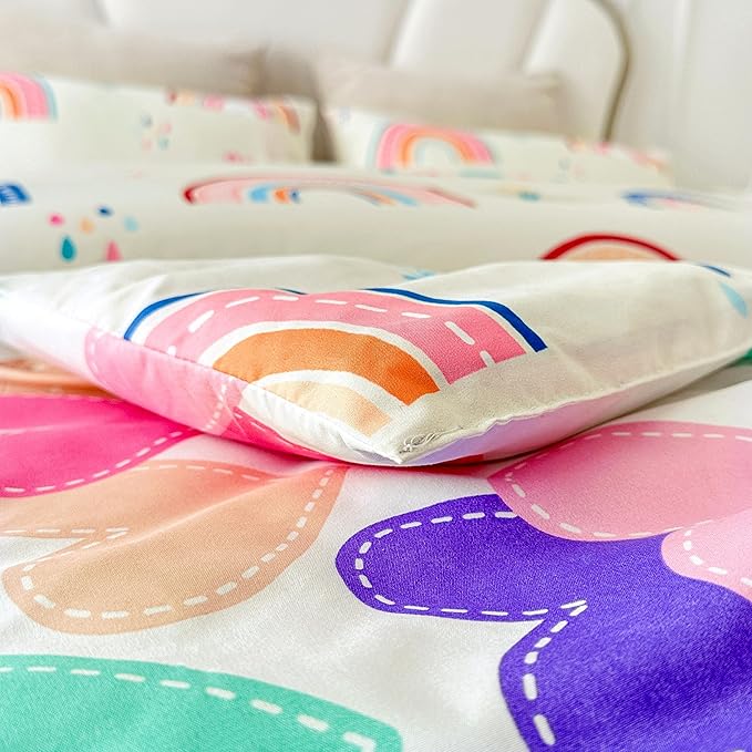 Btargot Lightweight Soft 3 Piece Rainbow Comforter Set with 2 Pillow Covers, Cartoon Love Hearts Flowers and Grass Bedding Set for Girls Boys Kids, Full Multi-Color - LeafyLoom