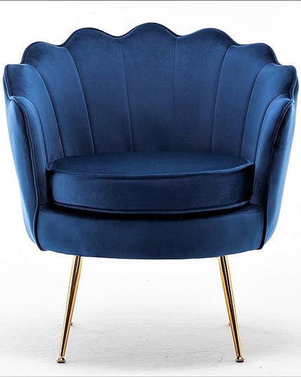 Velvet Barrel Accent Chair with Scalloped Silhouette and Gold Metal Legs, Decorative Piece Suitable for Traditional, Modern, and Contemporary Spaces, Navy Blue - LeafyLoom