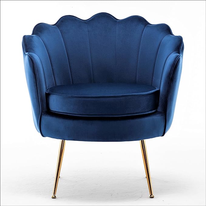 Velvet Barrel Accent Chair with Scalloped Silhouette and Gold Metal Legs, Decorative Piece Suitable for Traditional, Modern, and Contemporary Spaces, Navy Blue - LeafyLoom
