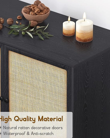 Sideboard Buffet Cabinet with Handmade Natural Decorated Doors, Accent Rattan Cabinet, Table, Metal Legs for Living Room, Hallway, Entryway, Black 3 doors - LeafyLoom