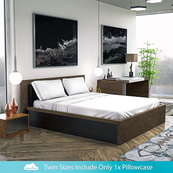DREAMCARE Queen Size Sheets - Cooling Bed Sheets - 4pcs Set - up to 15" Deep Pocket Queen Sheet Set - Sheets Queen Size Bed - Soft & Long Lasting 100% Fine Brushed Polyester with Side Pocket - White - LeafyLoom