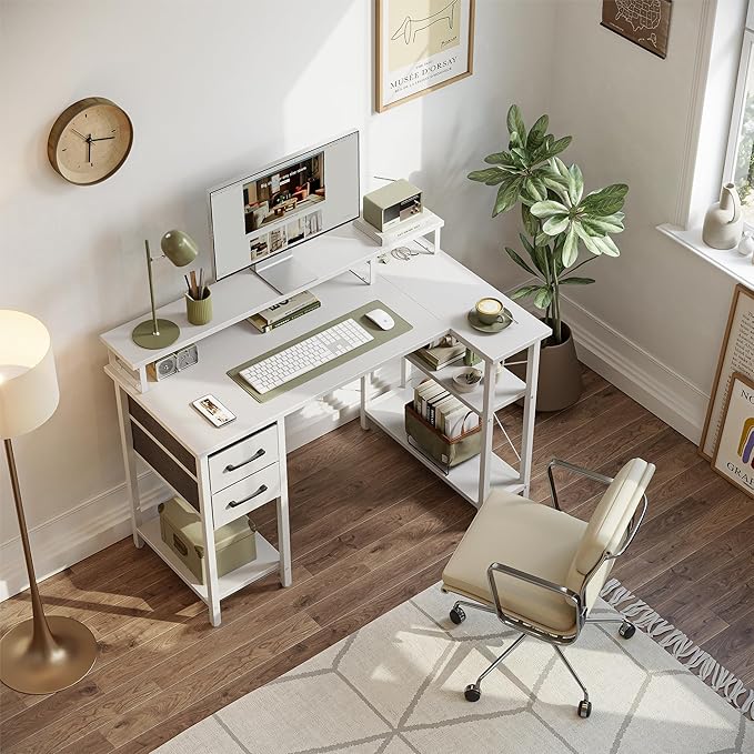 CubiCubi L Shaped Computer Desk with Monitor Stand & Shelves, 47 Inch Corner Home Office Desk Writing Table with Storage Drawer, White - LeafyLoom