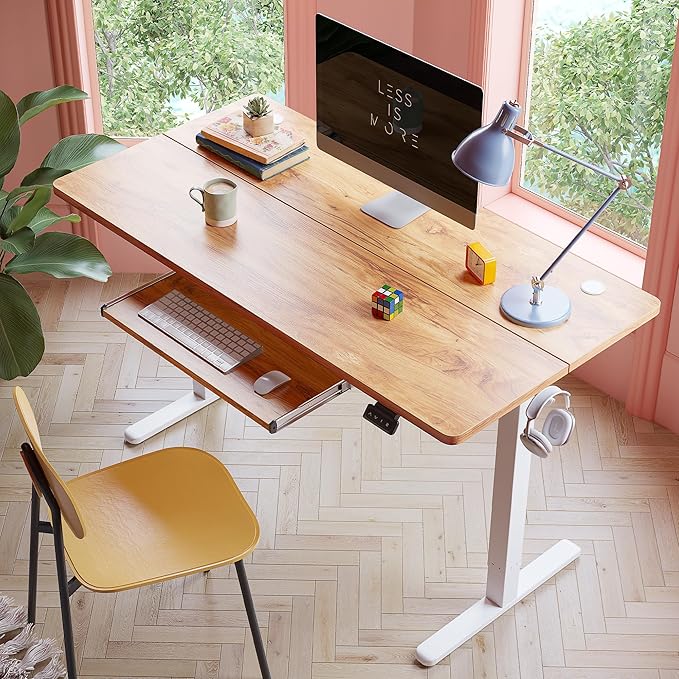 FEZIBO Standing Desk with Keyboard Tray, 55 × 24 Inches Electric Height Adjustable Desk, Sit Stand Up Desk, Computer Office Desk, Light Rustic - LeafyLoom