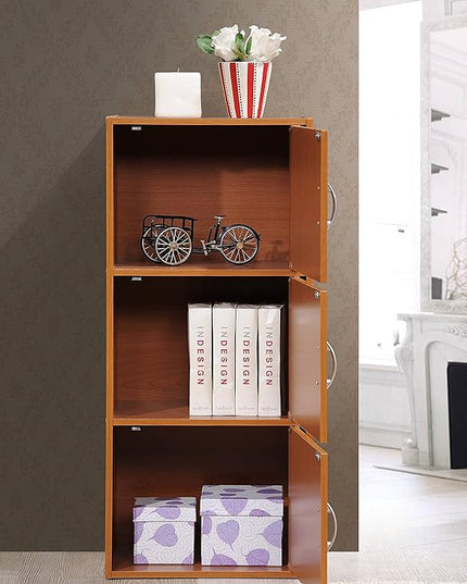HODEDAH 3 Door Bookcase Cabinet, Cherry - LeafyLoom