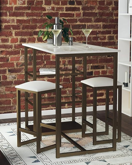 Dorel Living Tanner 3-Piece Brass Pub Set with Faux Marble Top, White - LeafyLoom