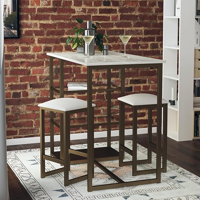 Dorel Living Tanner 3-Piece Brass Pub Set with Faux Marble Top, White - LeafyLoom