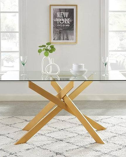 Edwin's Choice 58.5” Rectangle Glass Dining Table, Tempered Glass Table Top and Metal Tubular Legs, Modern Style Table for Home, Kitchen, Dining room 58.5”Lx29”Wx30”H, Gold (Table Only) - LeafyLoom