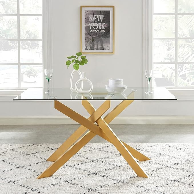 Edwin's Choice 58.5” Rectangle Glass Dining Table, Tempered Glass Table Top and Metal Tubular Legs, Modern Style Table for Home, Kitchen, Dining room 58.5”Lx29”Wx30”H, Gold (Table Only) - LeafyLoom