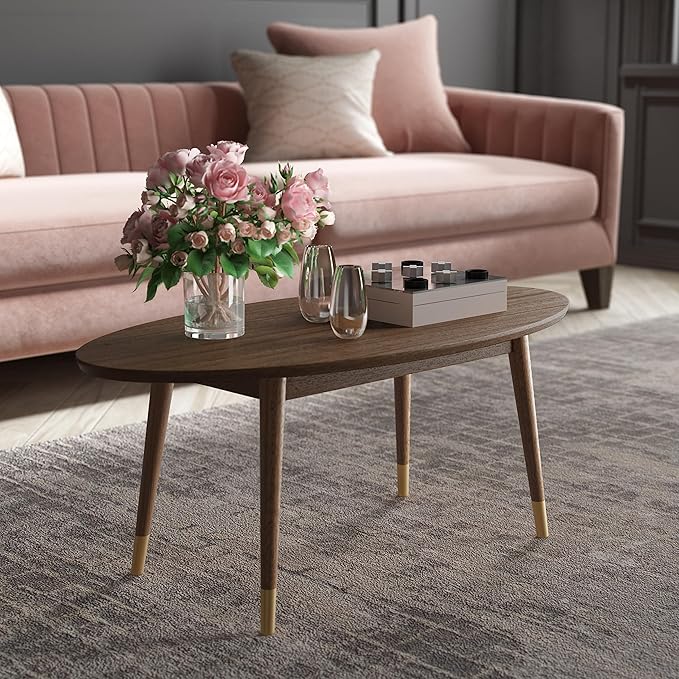 Elle Decor Clemintine Mid-Century Modern Living Room Furniture Collection, Oval Coffee Table, Walnut Brown - LeafyLoom