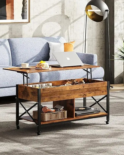 WLIVE Coffee Table, Lift Top Coffee Table with Hidden Compartment, 4 in 1 Multi-Function Coffee Tables with 4 Wheels for Living Room, Mid-Century Lift Tabletop Dining Table, Rustic Brown - LeafyLoom