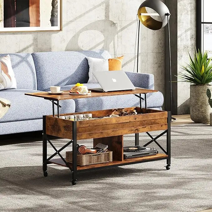 WLIVE Coffee Table, Lift Top Coffee Table with Hidden Compartment, 4 in 1 Multi-Function Coffee Tables with 4 Wheels for Living Room, Mid-Century Lift Tabletop Dining Table, Rustic Brown - LeafyLoom
