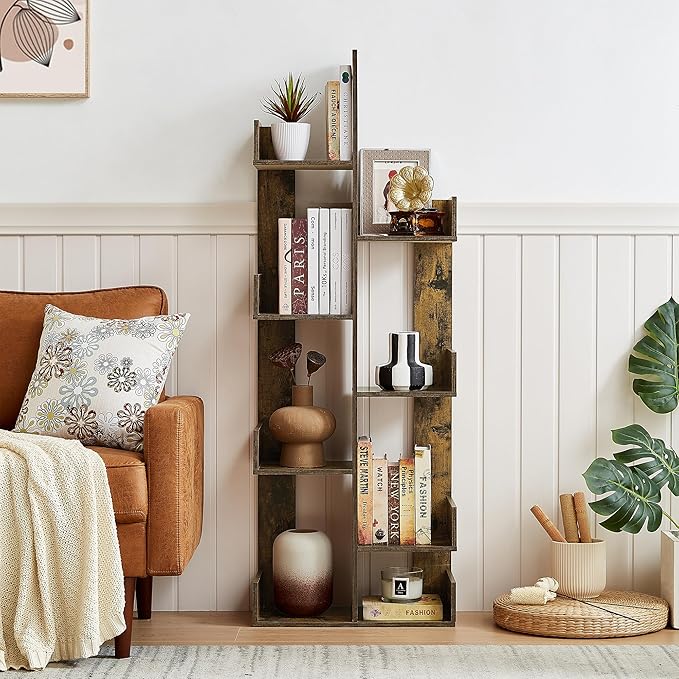 VECELO Tree Bookshelf, Geometric 8 Shelf Tree Bookcase Wood Bookshelves Display,Tree-Shaped Shelf Racks Organizer for Books,Magazines,CDs and Decors for LivingRoom Bedroom Studyroom Home Office,Brown - LeafyLoom